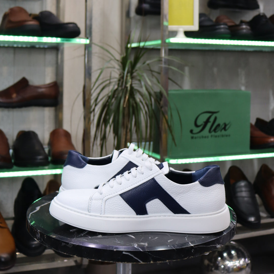 Basket En Cuir Blanc Bleu - Mael