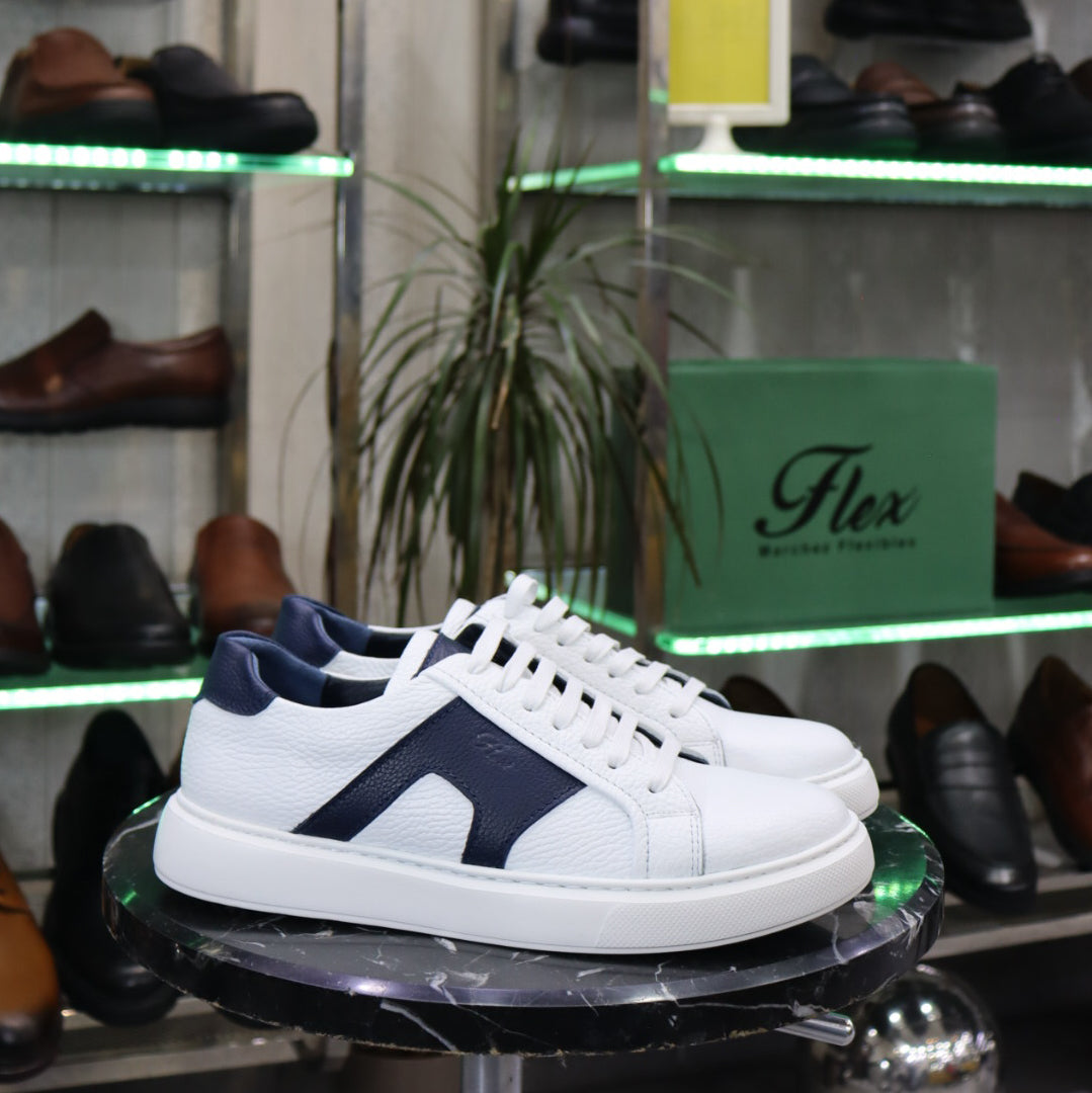 Basket En Cuir Blanc Bleu - Mael