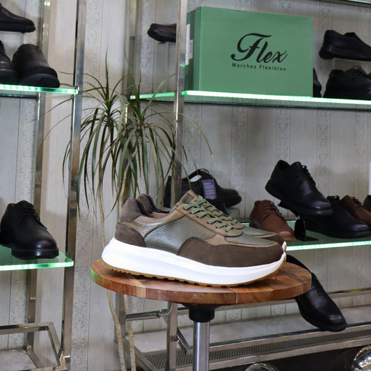 Baskets en cuir vert kaki et daim pour homme, semelle blanche - Flexshoes