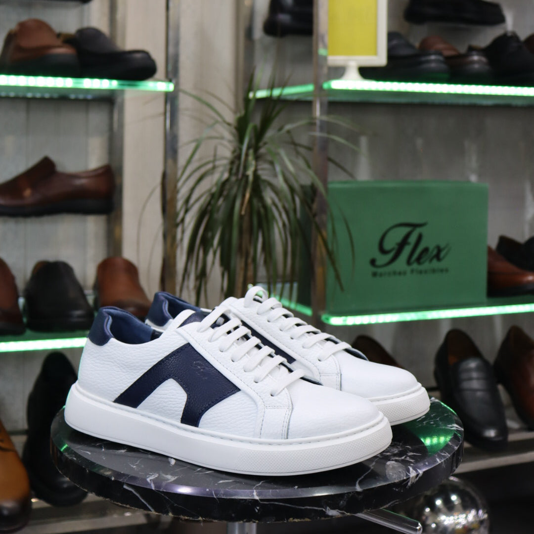 Basket  En Cuir Blanc Bleu - Mael