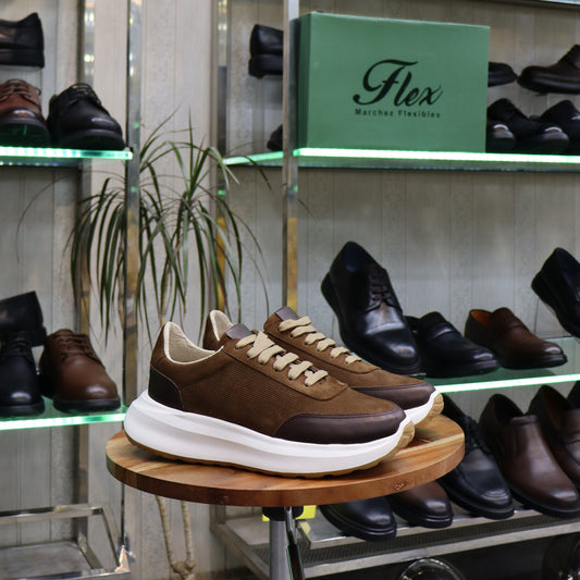 Basket en cuir marron bicolore homme style runner semelle chunky blanche - Flexshoes