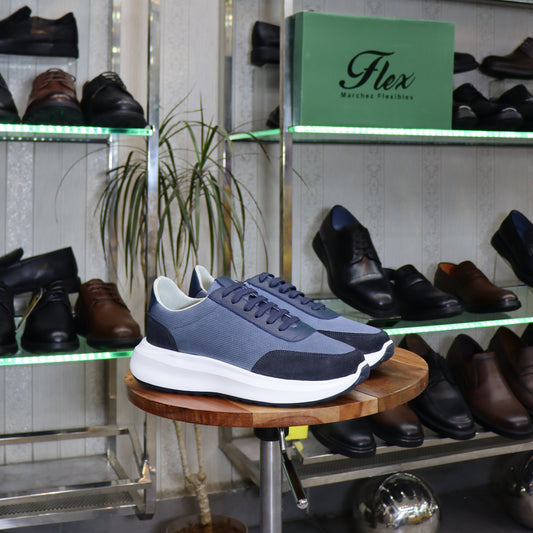 Basket en cuir bleu marine bicolore homme style runner semelle chunky blanche - Flexshoes