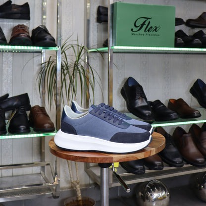 Basket en cuir bleu marine bicolore homme style runner semelle chunky blanche - Flexshoes