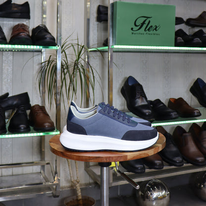 Basket en cuir bleu marine bicolore homme style runner semelle chunky blanche - Flexshoes