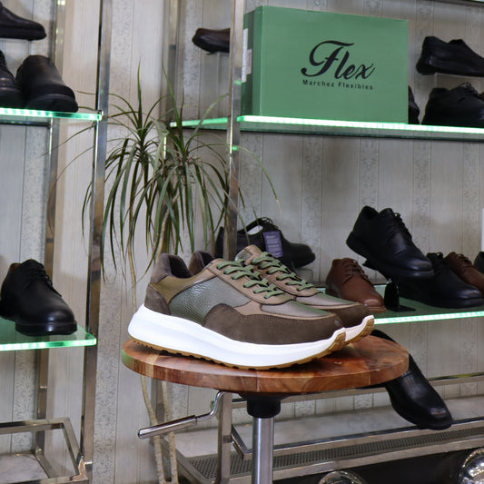 Baskets en cuir vert kaki et daim pour homme, semelle blanche - Flexshoes