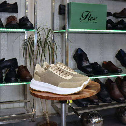 Basket en cuir beige sable homme style runner semelle chunky blanche - Flexshoes