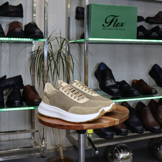 Basket en cuir beige sable homme style runner semelle chunky blanche - Flexshoes