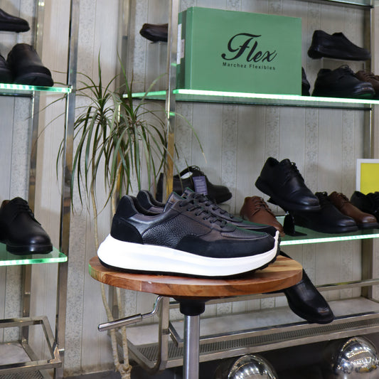 Baskets en cuir noir et daim pour homme, semelle blanche épaisse - Flexshoes