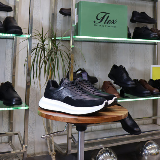 Baskets en cuir noir et daim pour homme, semelle blanche épaisse - Flexshoes