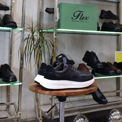 Baskets en cuir noir et daim pour homme, semelle blanche épaisse - Flexshoes