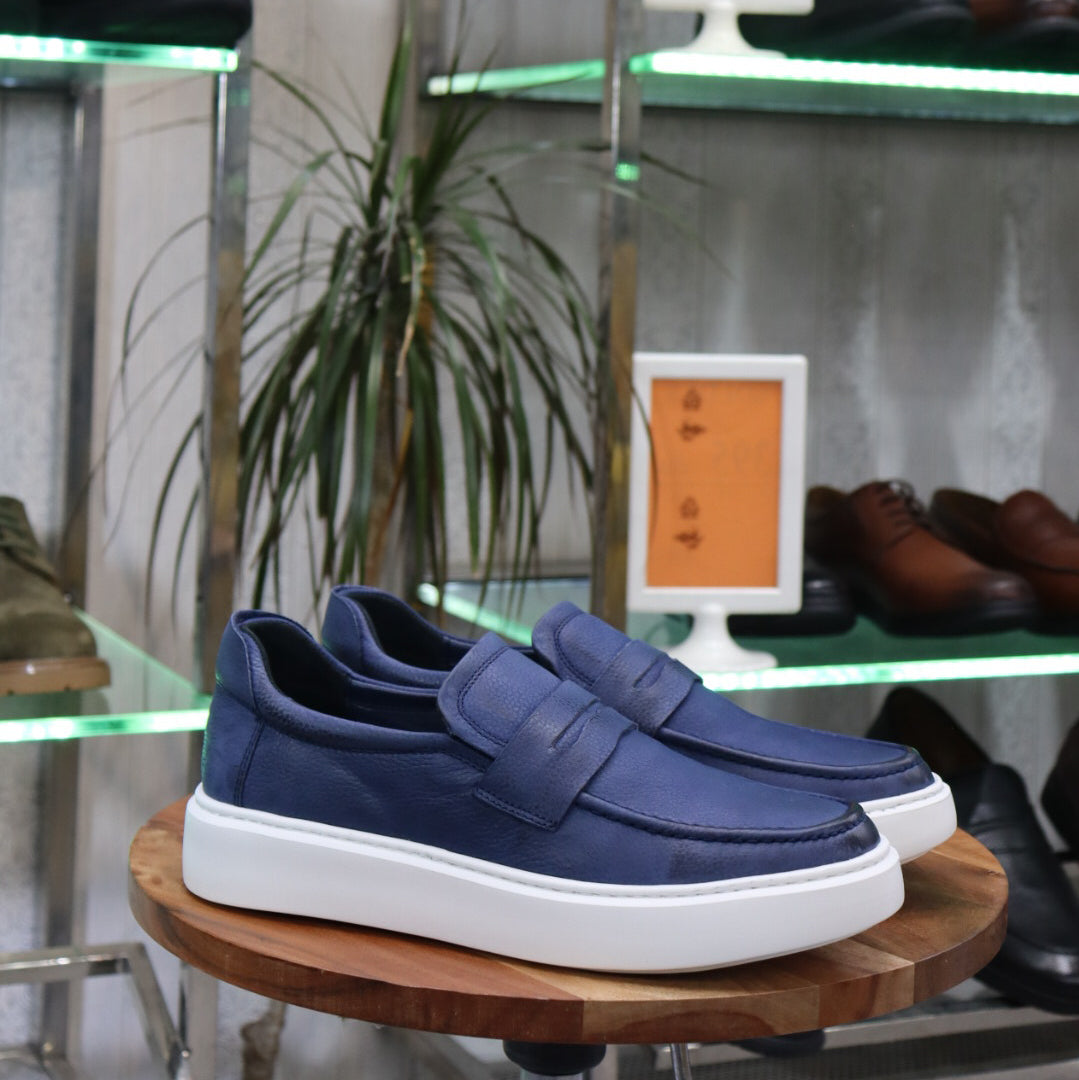 Mocassin En Cuir Bleu - Decontractes Semelle EVA