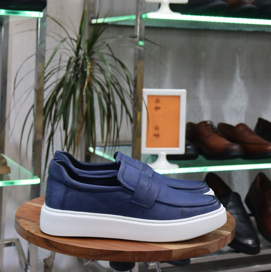 Mocassin En Cuir Bleu - Decontractes Semelle EVA