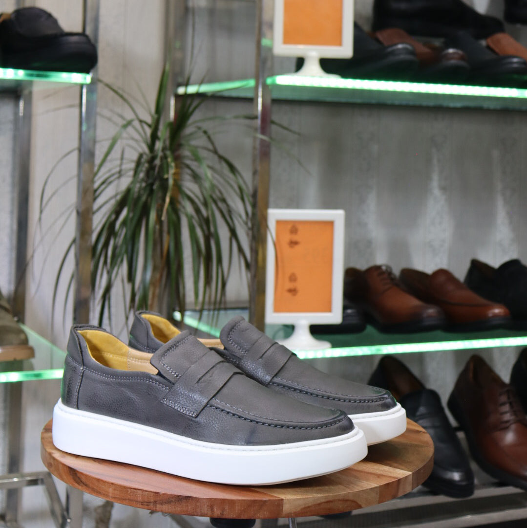 Mocassin En Cuir Gris - Decontractes Semelle EVA
