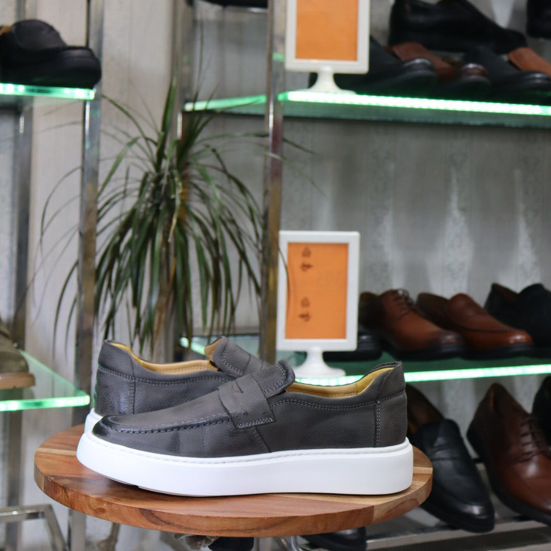 Mocassin En Cuir Gris - Decontractes Semelle EVA