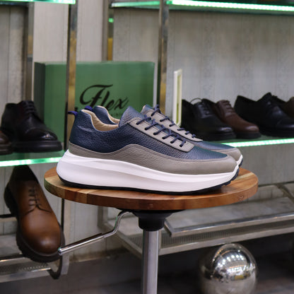 Basket En Cuir Bleu Marine & Gris -Ouazzane