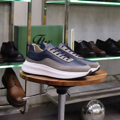 Basket En Cuir Bleu Marine & Gris -Ouazzane