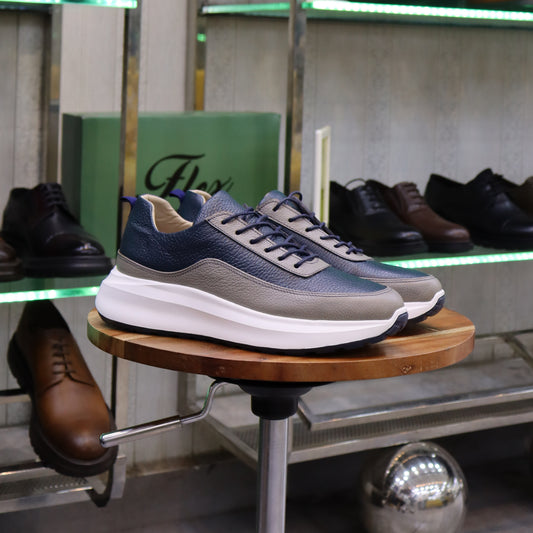 Basket En Cuir Bleu Marine & Gris -Ouazzane