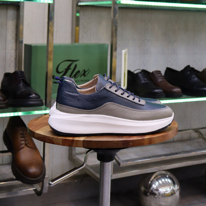 Basket En Cuir Bleu Marine & Gris -Ouazzane