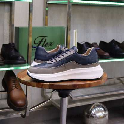 Basket En Cuir Bleu Marine & Gris -Ouazzane