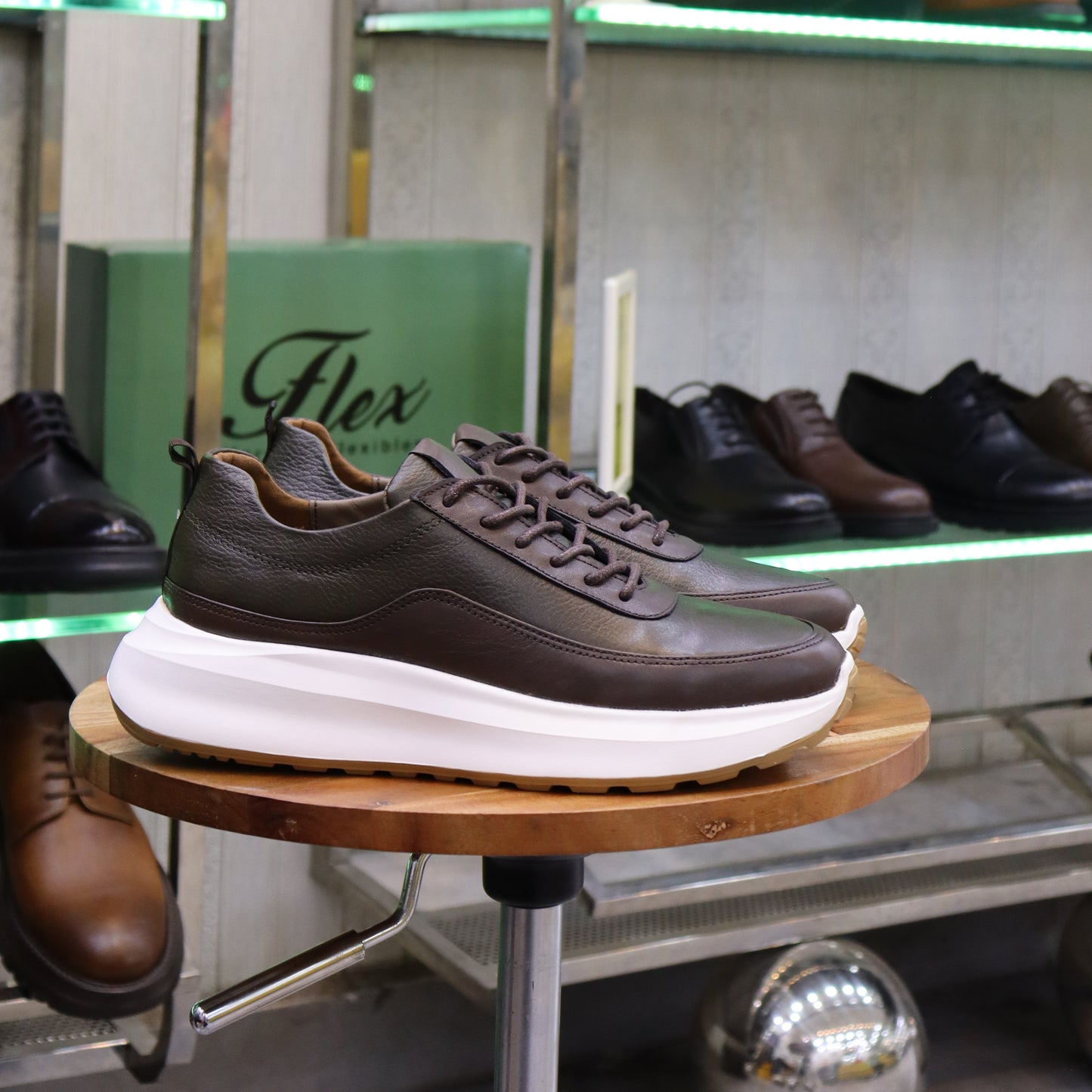 Basket En Cuir Marron & Vert -Ouazzane