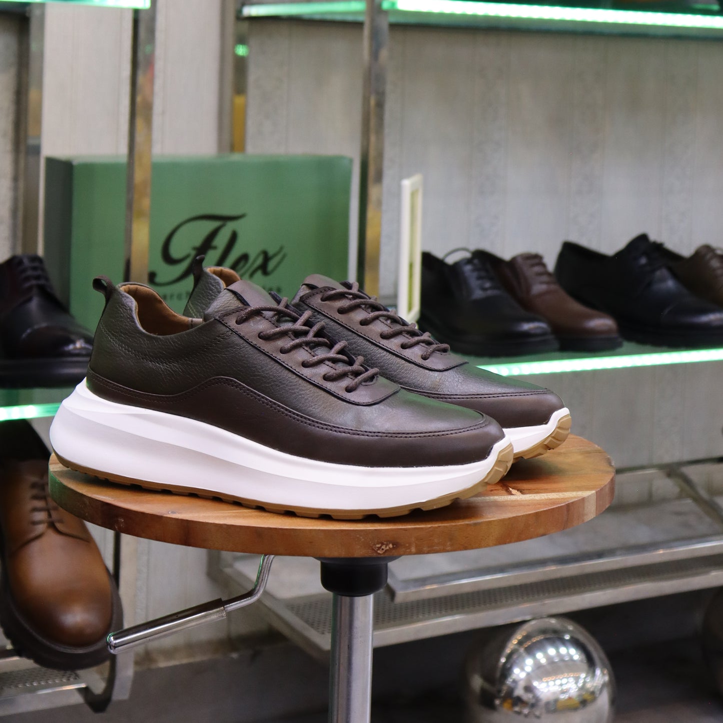 Basket En Cuir Marron & Vert -Ouazzane