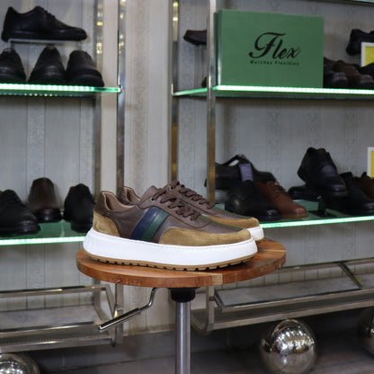 Basket en cuir kaki marron homme bande tricolore marine verte semelle chunky blanche - Flexshoes Maroc