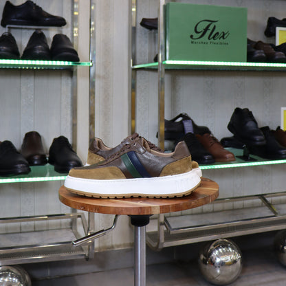 Basket en cuir kaki marron homme bande tricolore marine verte semelle chunky blanche - Flexshoes Maroc